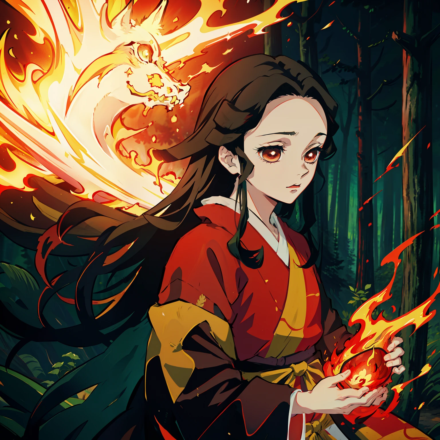 Kimetsu no Yaiba-Stil, 1 Mädchen, Solo, kschwarze Augen, leuchtend rote Haare, extra sehr langes Haar, roter Kimono, Obi Belt,  ((Meisterwerk)), ((Porträts von a)), Der Wald brennt, Der Wald brennt