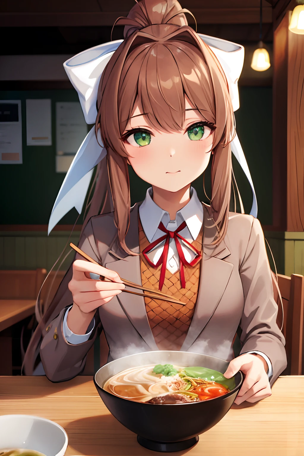 masterpiece, best quality, high resolution, extremely detailed, detailed background, cinematic lighting, 1girl, looking at viewer, monika, green eyes, brown hair, very long hair, ponytail, hair ribbon, white ribbon, school uniform,blazer, brown sweater, collared shirt, neck ribbon, blue skirt, eating ramen with chopsticks, ramen bowl ,table, restaurant