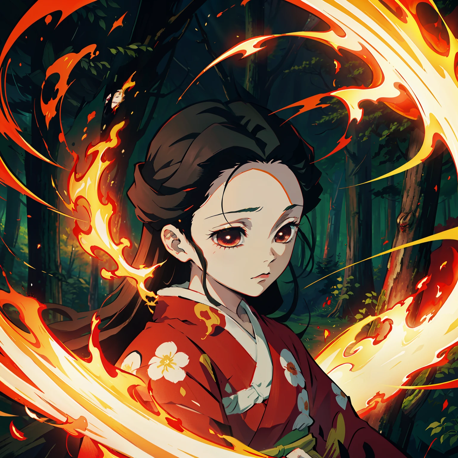Кимэцу-но Яиба в стиле, 1 девушка, соло, черные глаза, ярко-рыжие волосы, очень длинные волосы, Красное кимоно, Пояс Оби,  ((шедевр)), ((портреты а.)), Лес в огне, Полыхает лес