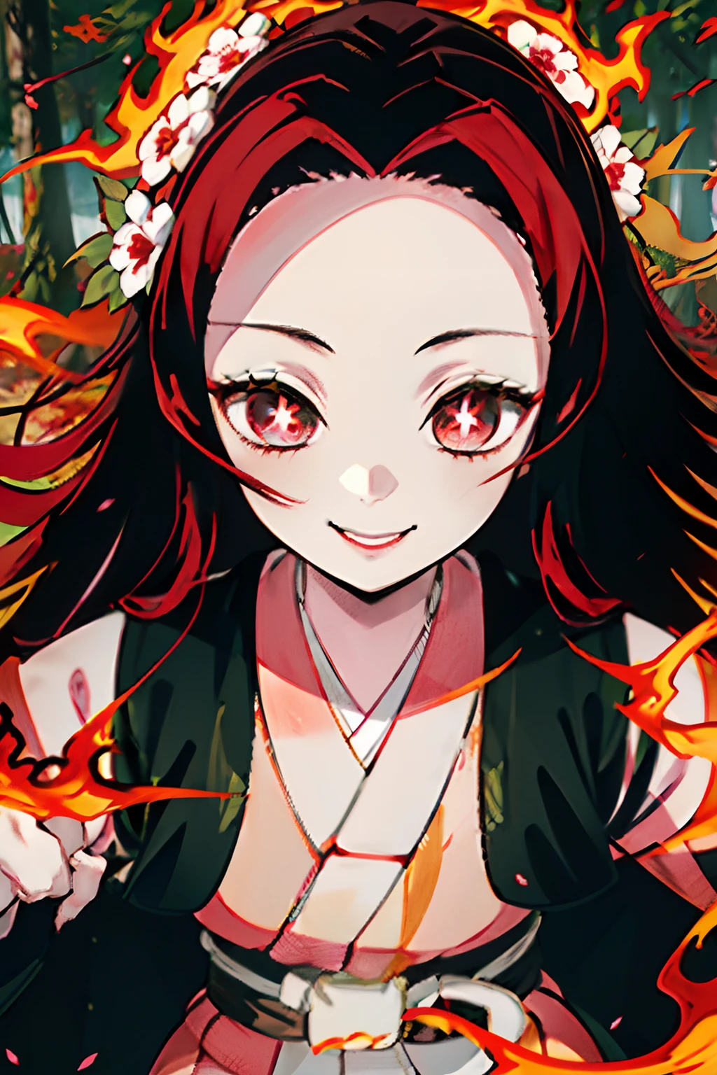 Kimetsu no Yaiba style, 1girl, solo, Smile, kblack eyes, white pupils in the shape of flowers, Bright red hair, extra very long hair, long tail, red kimono, Obi Belt,  ((Masterpiece)), ((portraite of a)), The forest is on fire, The forest is blazing