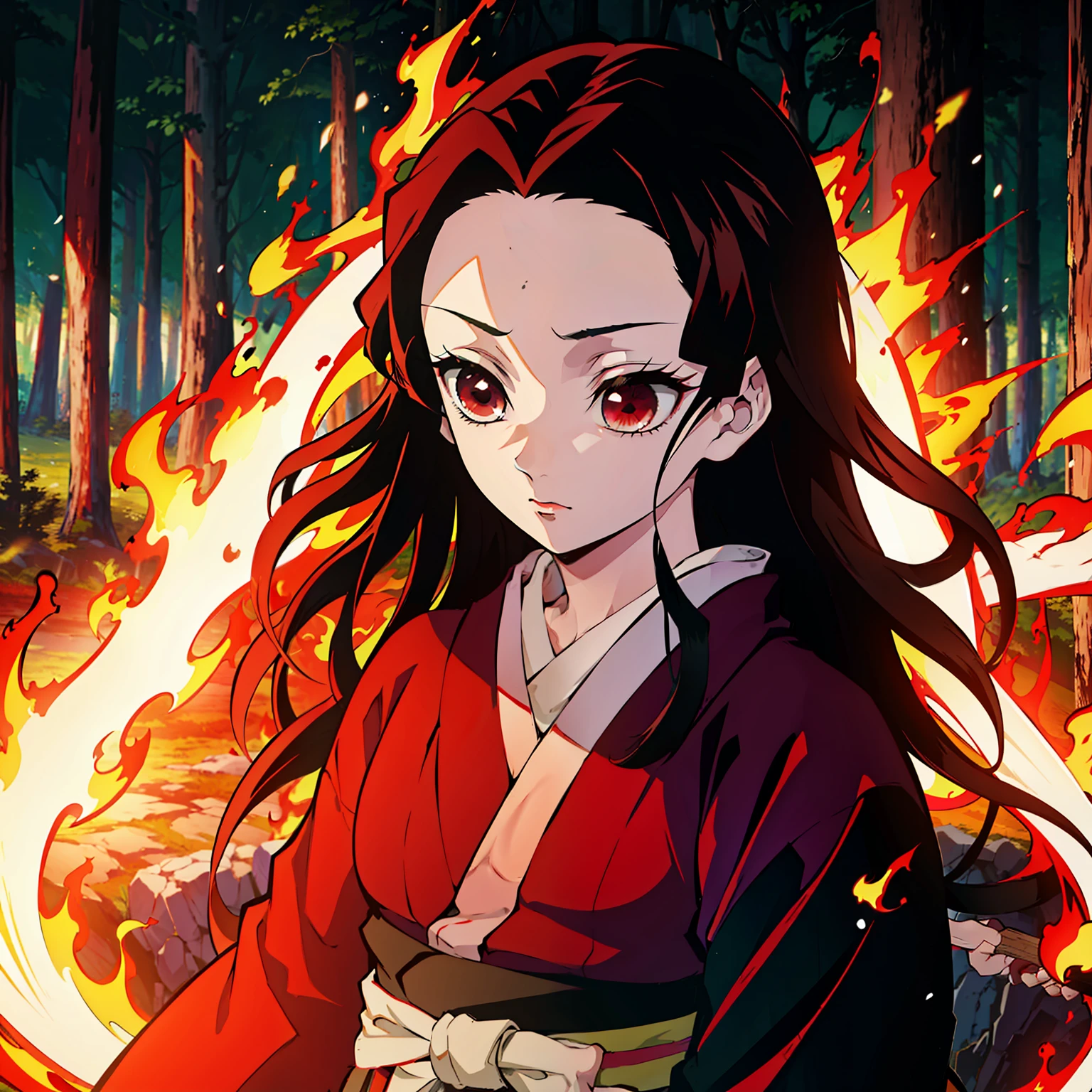 Kimetsu no Yaiba style, 1girl, solo, kblack eyes, bright red hair, extra very long hair, red kimono, Obi Belt,  ((Masterpiece)), ((portraite of a)), The forest is on fire, The forest is blazing