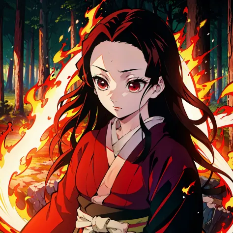 Kimetsu no Yaiba style, 1girl, 独奏, kblack eyes, bright red hair, extra very long hair, red kimono, Obi Belt,  ((Masterpiece)), (...