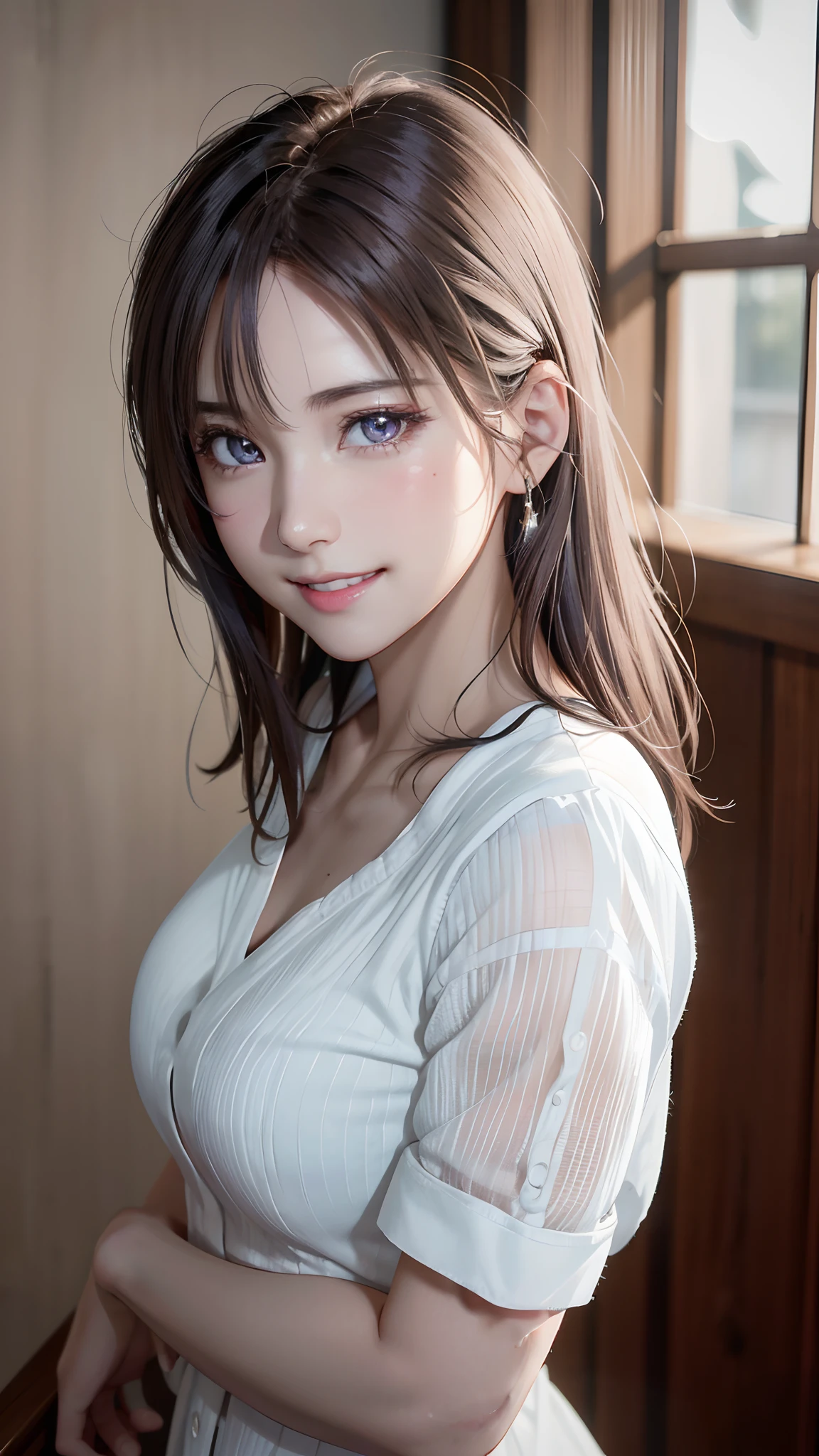 (8K), (Best Quality), (masutepiece:1.3), (Realistic), (Photorealsitic), Super Beautiful One Girl, Cute,(Smile,Beautiful detailed eyes, beautiful detailed nose)、 ((white  shirt)), a short bob, ((Dramatic Lighting)),((Night))、A gaze that invites viewers