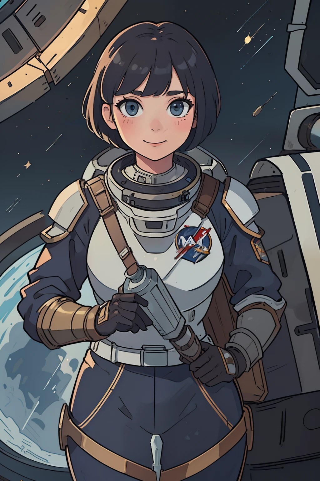 professional artwork, detailed eyes, beautiful eyes, beautiful face, flawless face, gorgeous face, smooth features, blush, short hair, very short hair, pixie cut, dark blue hair, unhelmeted head, beautifully detailed background, woman in armored space suit holding space helmet in her hands, space suit looks like knight armor, space suit, thick heavy space suit, environment suit, hoses and tubes on suit, dials and switches, space suit backpack, nasa, nasa punk, nasapunk, astronaut, astronaut suit, cosmonaut, medieval knight, knight armor, leather armor and metal armor, mechanical background, sci fi, science fiction, futuristic, fantasy armor, full plate armor, medieval armor, knight helmet, knight visor, grilled faceplate, large helmet, big helmet, heavy collar, vacuum seal ring around neck, life support systems, rustic material, heavy stitching, thick leathers, armored breastplate, armored chest, leather gloves, rustic craftsmanship, adventurous, adventure, cute, smiling