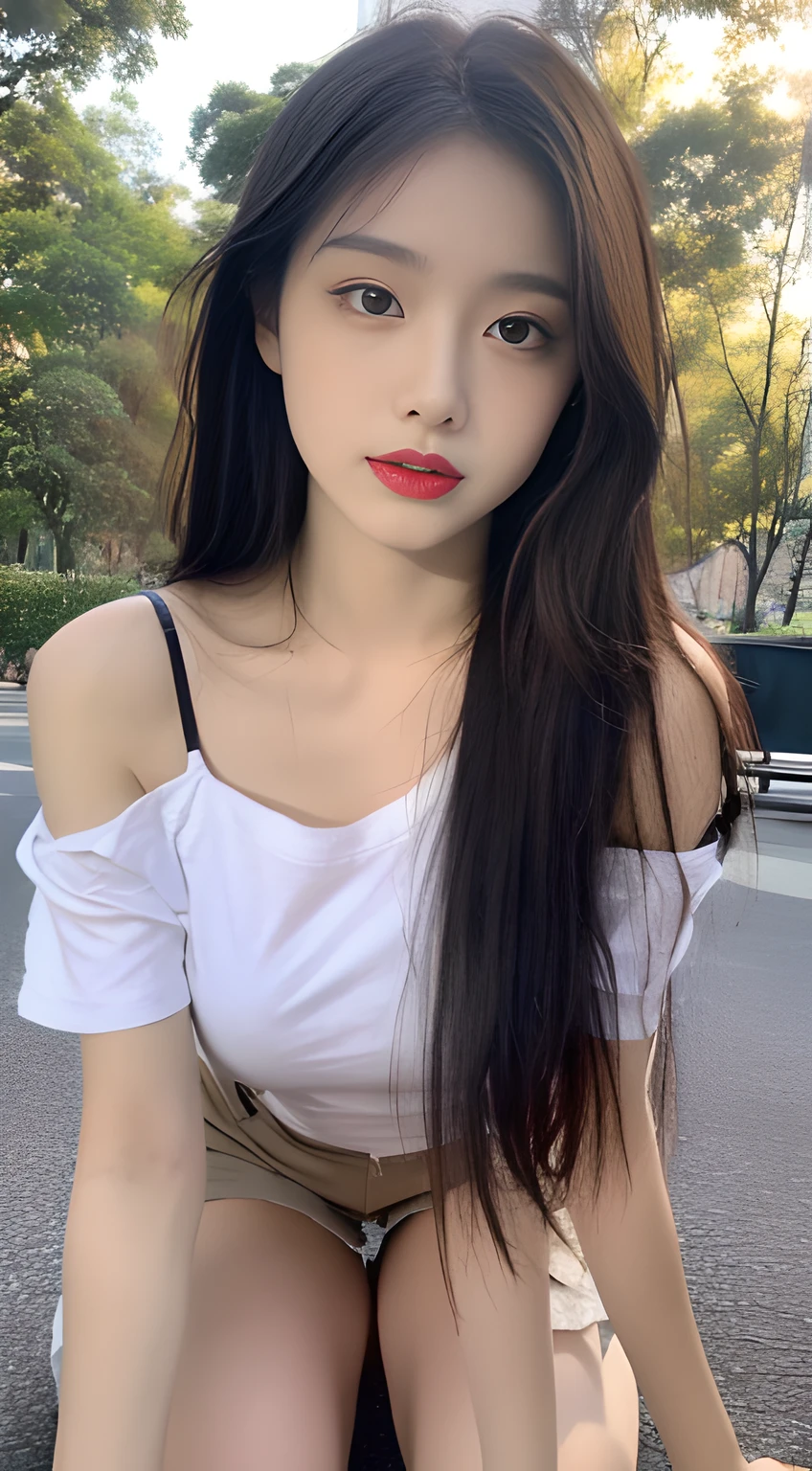 ((best qualtiy, 8K, tmasterpiece:1.3)), A pretty maiden，Pure，Melon seed face，gentle and cute，Perfect body shape,frontage，Tilt your head，((Short one-shoulder T-shirt，sweat shorts))，Black hair smooth，Long hair shawl，round black big eyes，Clear big eyes，((Hydrated red lips))，(lipstick)，(Be red in the face)，((Rushed skin))，Sweet，full bodyesbian，On the grass，the trees，buliding，Suburban background，