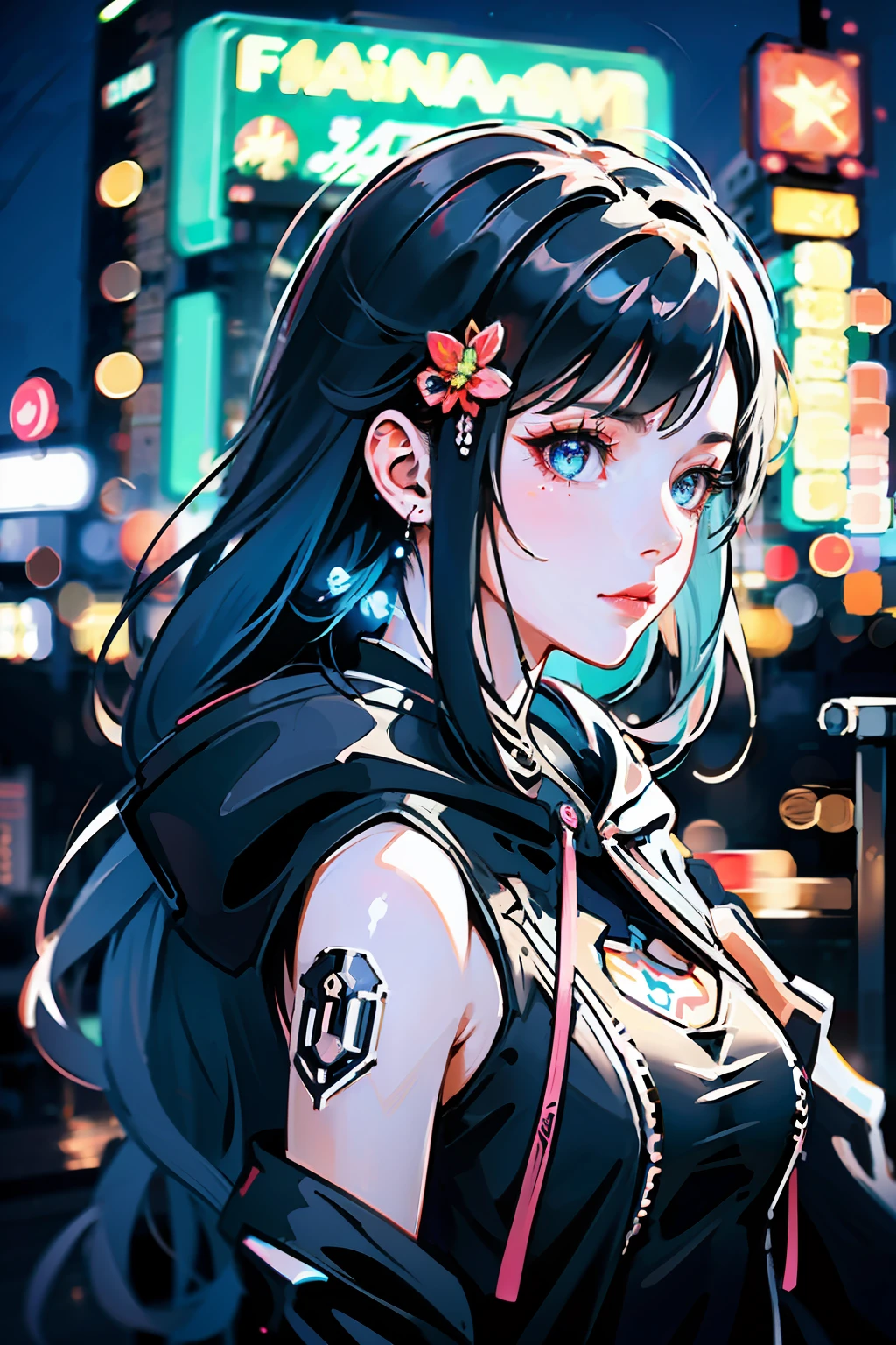 (Masterpiece), Best Quality, Ultra High Resolution, , Cyberpunk 1girl Flying over Stunning Cityscape, Hoodie, Blue Hair, Neon Shooting Star, Very Long Hair, Off-the-Shoulders, Feather Hair Ornaments, Neon Color, Glitter, Stunning Night Sky, Cinematic Lighting, Realistic, Realistic Skins, HDR, Fisheye