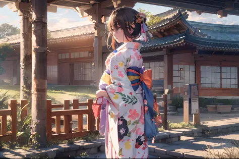 While the sunset casts a gentle light on the shrine、Teenage girl in yukata standing。The yukata she wears is、Artistic patterns drawn in high resolution、It has a detailed design。Yukata fabric fluttering in the wind、Colorful and beautiful、Among them her figur...