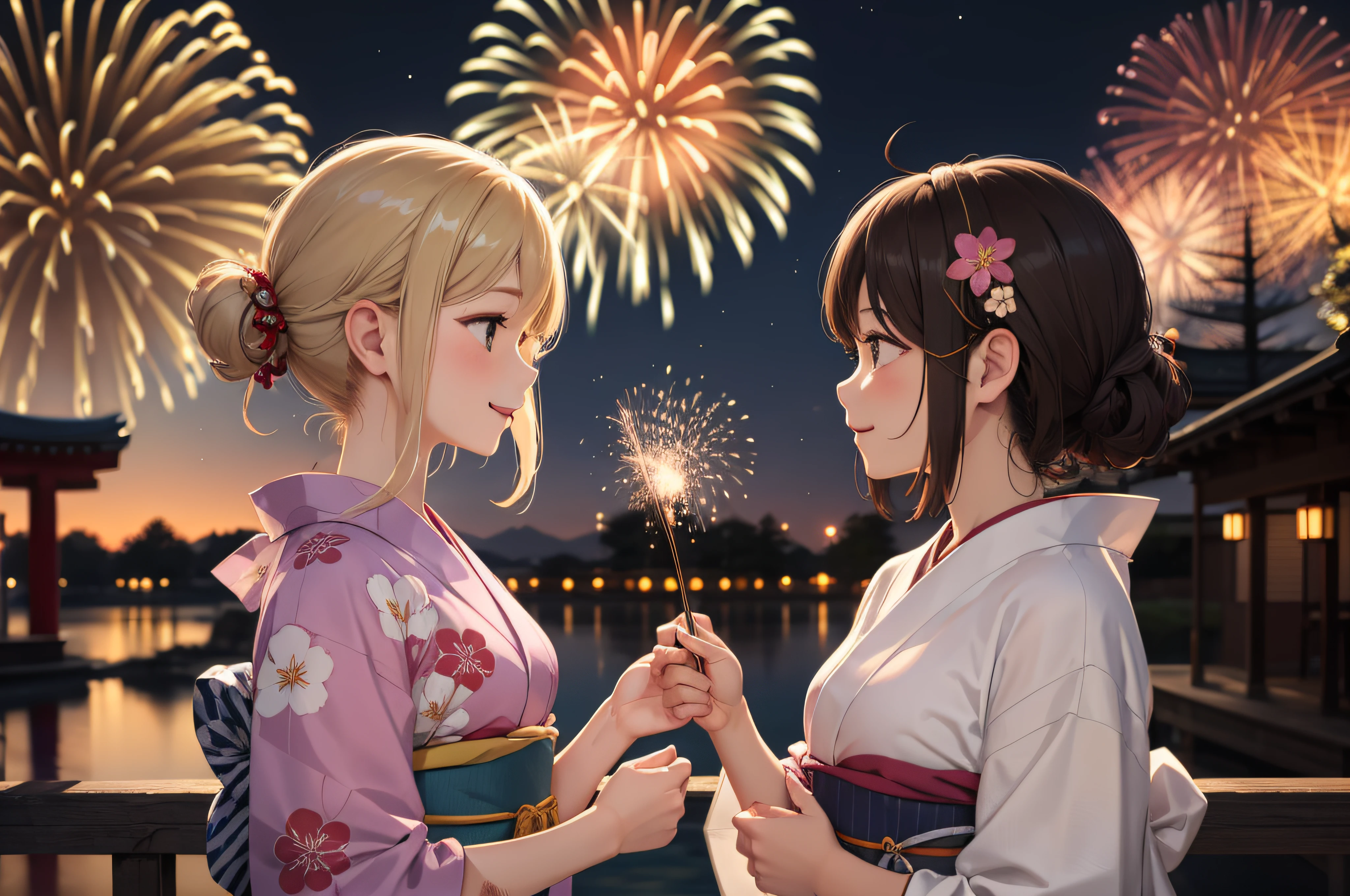 Lots of fireworks in the sky、​masterpiece、top-quality、超A high resolution、8K、femele、Only one person、Beautie、Person should be on the far right、Upper body only、Holding nothing in the hands、japanes、profile、Floral yukata、17 age、a smile、kirakira、natta、Brown hair