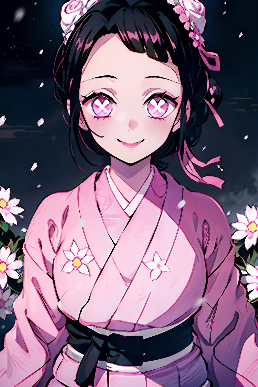 Estilo Kimetsu no Yaiba, 1 garota, só, sorriso, Olhos rosa, pupilas brancas em forma de flores, cabelo preto, cabelo preso em um coque, Preso com um pino,  quimono rosa, Cinturão de Obi,  ((obra de arte)), ((retratos de um)), nevando, Deriva, céu escuro, Flocos de neve caem