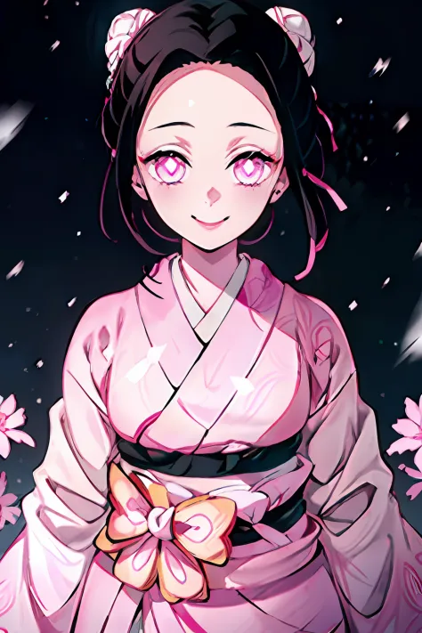 Kimetsu no Yaiba style, 1girl, 独奏, Smile, pink eyes, white pupils in the shape of flowers, black  hair, hair gathered in a bun, ...