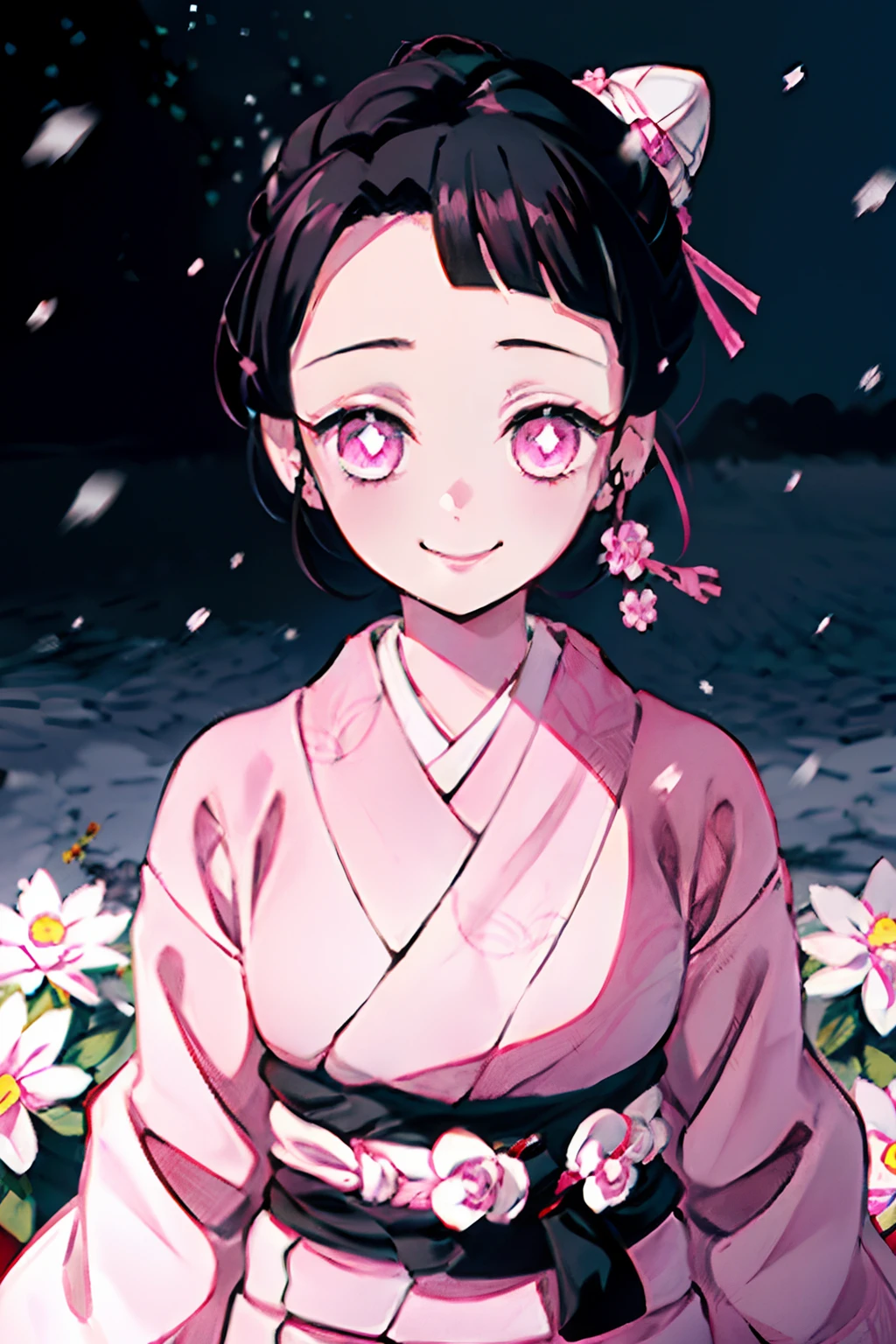 estilo kimetsu no yaiba, 1 chica, solo, sonrisa, Ojos rosados, pupilas blancas en forma de flores., pelo negro, pelo recogido en un moño, Sujetado con un perno,  kimono rosa, cinturón de obi,  ((obra maestra)), ((retratos de un)), nevando, Deriva, dark sky, Caen los copos de nieve