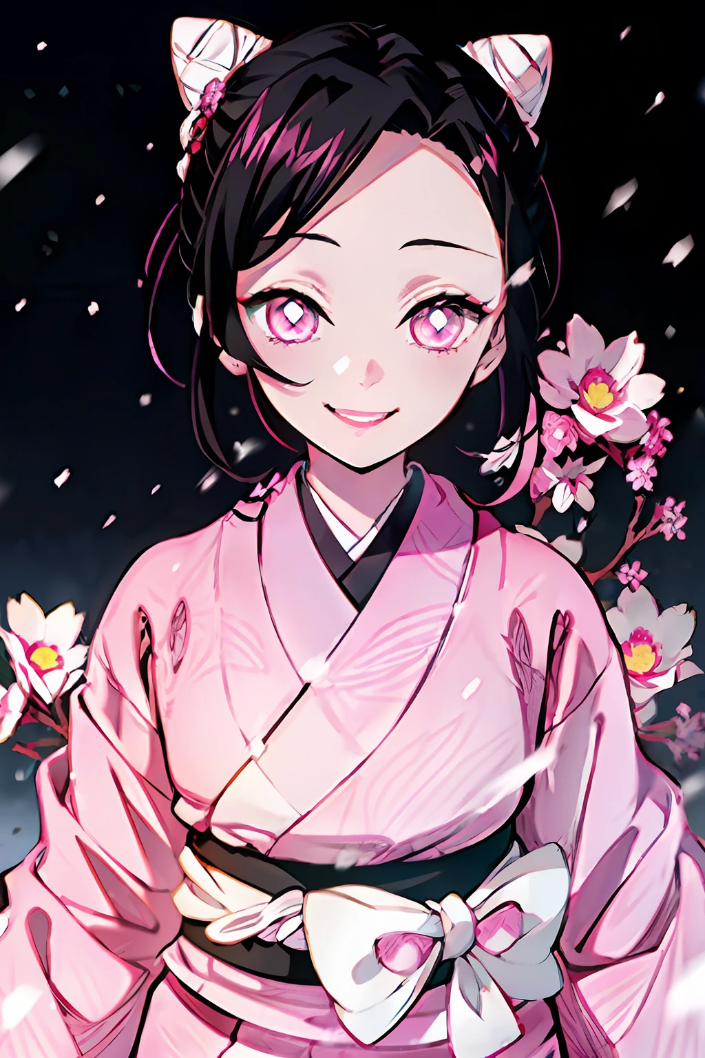 estilo kimetsu no yaiba, 1 chica, solo, sonrisa, Ojos rosados, pupilas blancas en forma de flores., pelo negro, pelo recogido en un moño, Sujetado con un perno,  kimono rosa, cinturón de obi,  ((obra maestra)), ((retratos de un)), nevando, Deriva, dark sky, Caen los copos de nieve