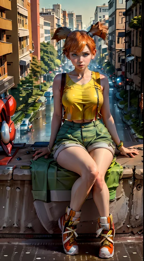 masterpiece, best quality, highres, 1girl, misty (pokemon), orange hair, yellow tops, full body view, sitting in urban city road.(8k, 4k, best quality, highres:1.2), (maasterpiece, realistic, photo realistic:1.37), beautiful face