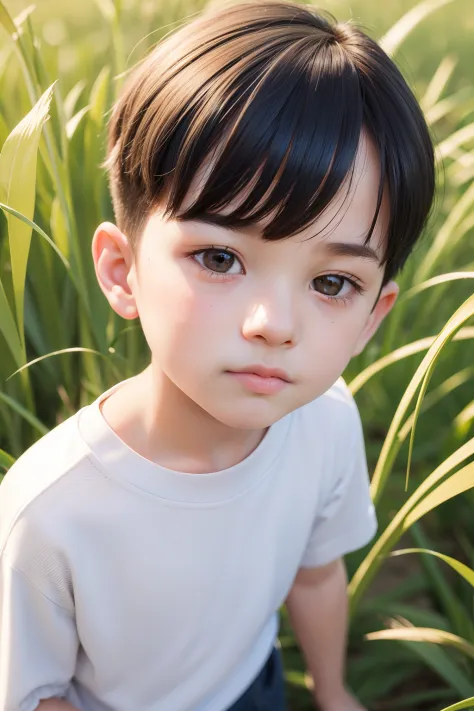 young boy standing in a field of tall grass, cute boy, young child, young boy, little boy, little kid, close up portrait photo, ...