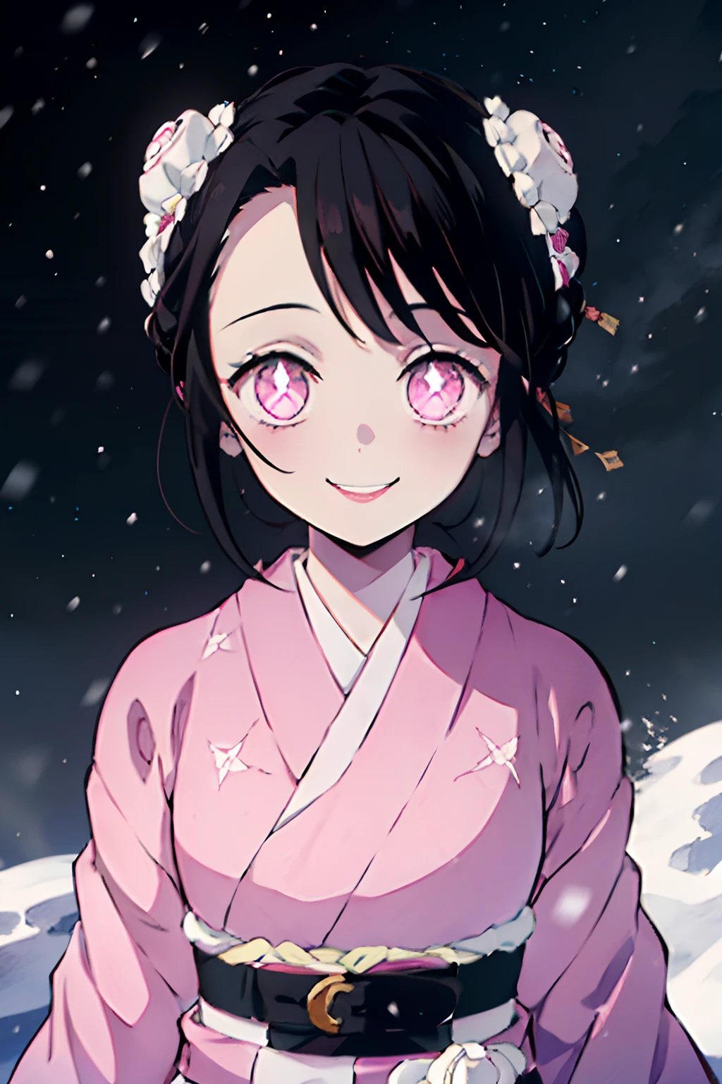 Kimetsu no Yaiba-Stil, 1 Mädchen, Solo, lächeln, rosa Augen, weiße Pupillen in Blumenform, schwarzes Haar, Haare zu einem Knoten zusammengebunden, Mit einem Bolzen befestigt,  rosa kimono, Obi Belt,  ((Meisterwerk)), ((Porträts von a)), Es schneit, Drifts, dunkler Himmel, Schneeflocken fallen