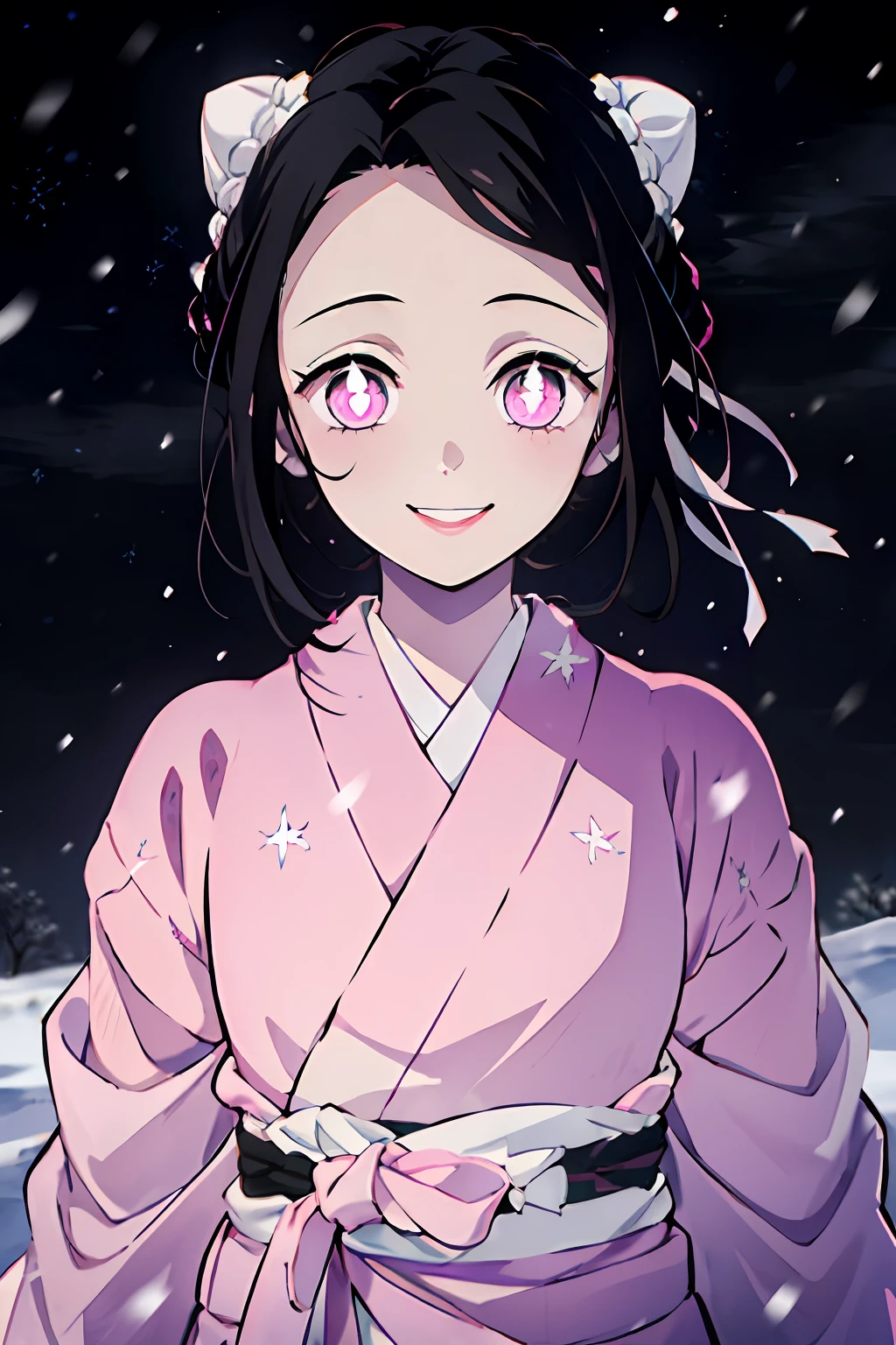 Kimetsu no Yaiba style, 1人の女の子, ソロ, 笑顔, ピンクの目, 花の形をした白い瞳孔, 黒髪, お団子に集まった髪, スタッドで固定,  ピンクの着物, 帯,  ((傑作)), ((の肖像画)), 雪が降る, ドリフト, 暗い空, 雪が降る