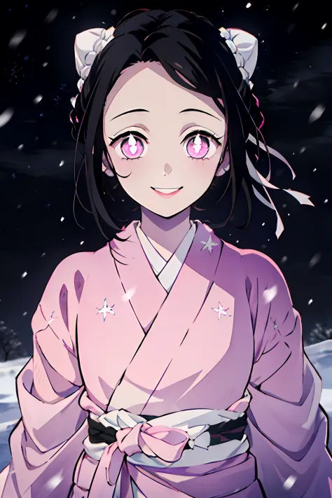 Kimetsu no Yaiba style, 1girl, 独奏, Smile, pink eyes, white pupils in the shape of flowers, black  hair, hair gathered in a bun, ...