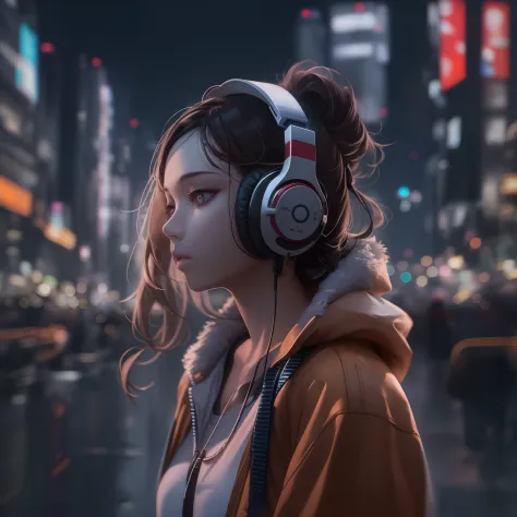 1 girl listening to music through headphones、(Cool face、Night city、Hip Hop Clothing)、High Quality、8K、Real Texture