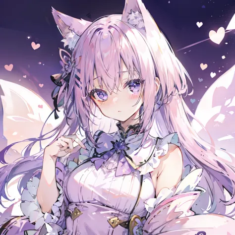 pink violet hair，fox ear，pink, purple and white clothes，cute sweet girl，butterflys