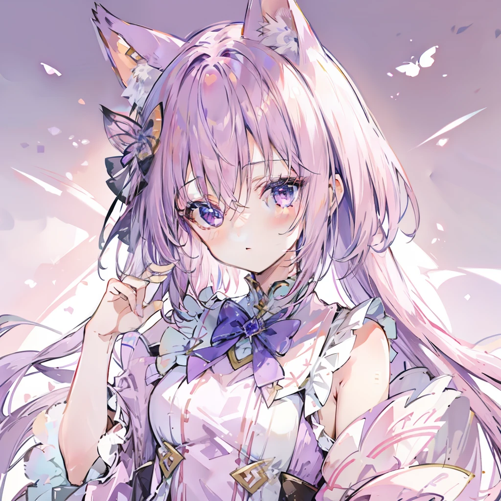 pink violet hair，fox ear，Pink, purple and white clothes，Cute sweet girl，butterflys