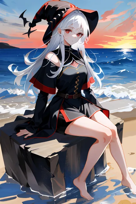 ((Masterpiece:1.2, Best quality)), 1girll, woman, Scati (arknight), Red eyes, Solo, Long hair, Horns, Black dress, Short dress, , White shorts, hair adornments, , Breasts, White hair, oripathy lesion (arknight), infection monitor (arknight), bangs, breast ...