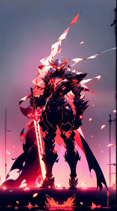 A mech, silver-white long ponytail and waist, V-shaped mechanical helmet, helmet eyes with red light, wearing a black sexy mech suit, white torn cape swaying in the wind, pull out a delicate red glowing sword: 1:1, standing in the flames with huge roaring ...