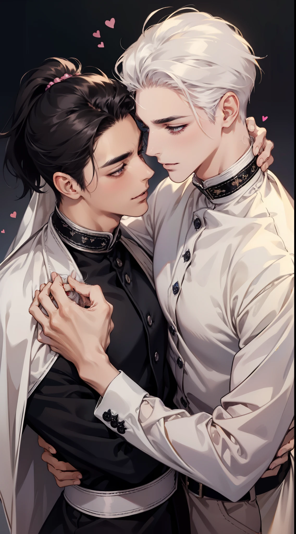 "Five-fingered hands, Masterpiece, best quality, passionate and intimate embrace between two men, one with high-ponytail white hair, and the other with short black hair, evoking a powerful sense of love and desire, gay couple, eyes opening, looking at each other, touching noses, smile happyly, pink heart."