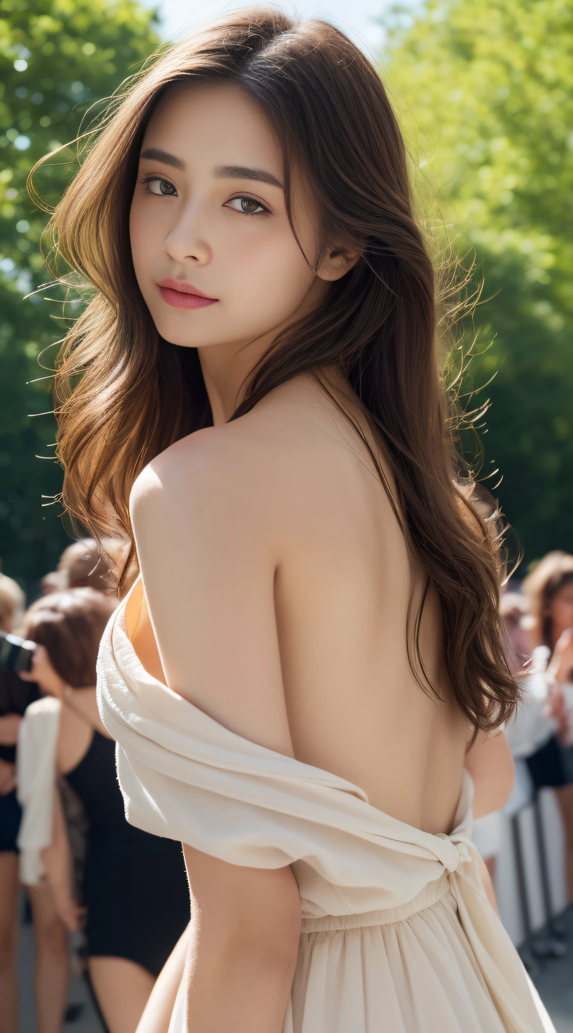 (top-quality、hight resolution、​masterpiece:1.3)、(g-cup、cleavage of the breast)、full body Esbian、A tall and pretty woman、Slender Abs、Dark brown hair styled in loose waves、breastsout、Off-the-shoulder gothic dresses、long slit、(Beautiful legs and thighs)、(Crowds in the park on the background)、Details exquisitely rendered in the face and skin texture、A detailed eye、double eyelid