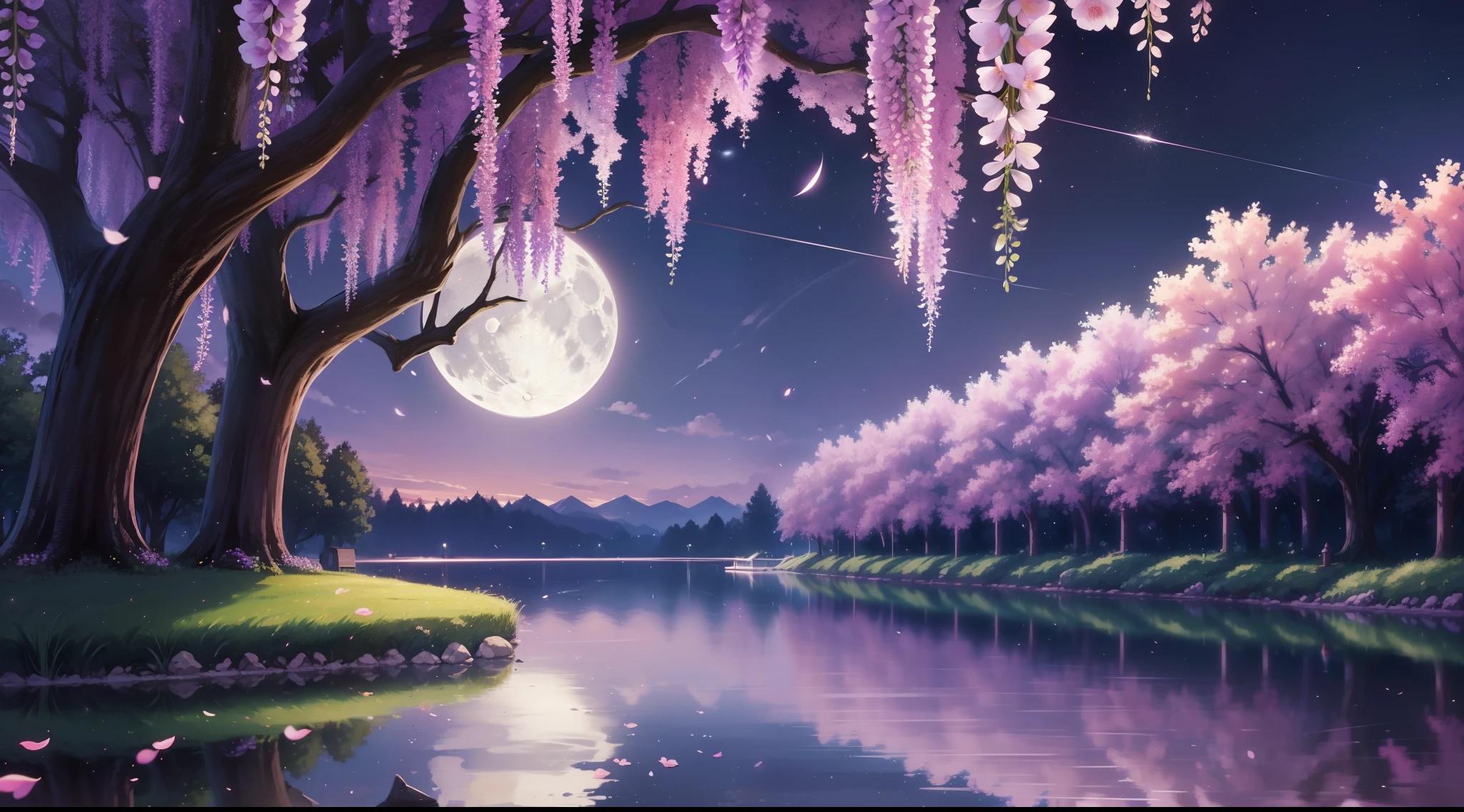背景， CG， 普农， 夜晚， 月亮， 紫藤，A huge 紫藤 tree， 樱花， 一边是天空，另一边是池塘， 全景， 射线追踪， 反射光， 截然相反， 8千， 杰作， 最好的品质， 高品质， 高细节， 超级细节， 高分辨率， 超高清
