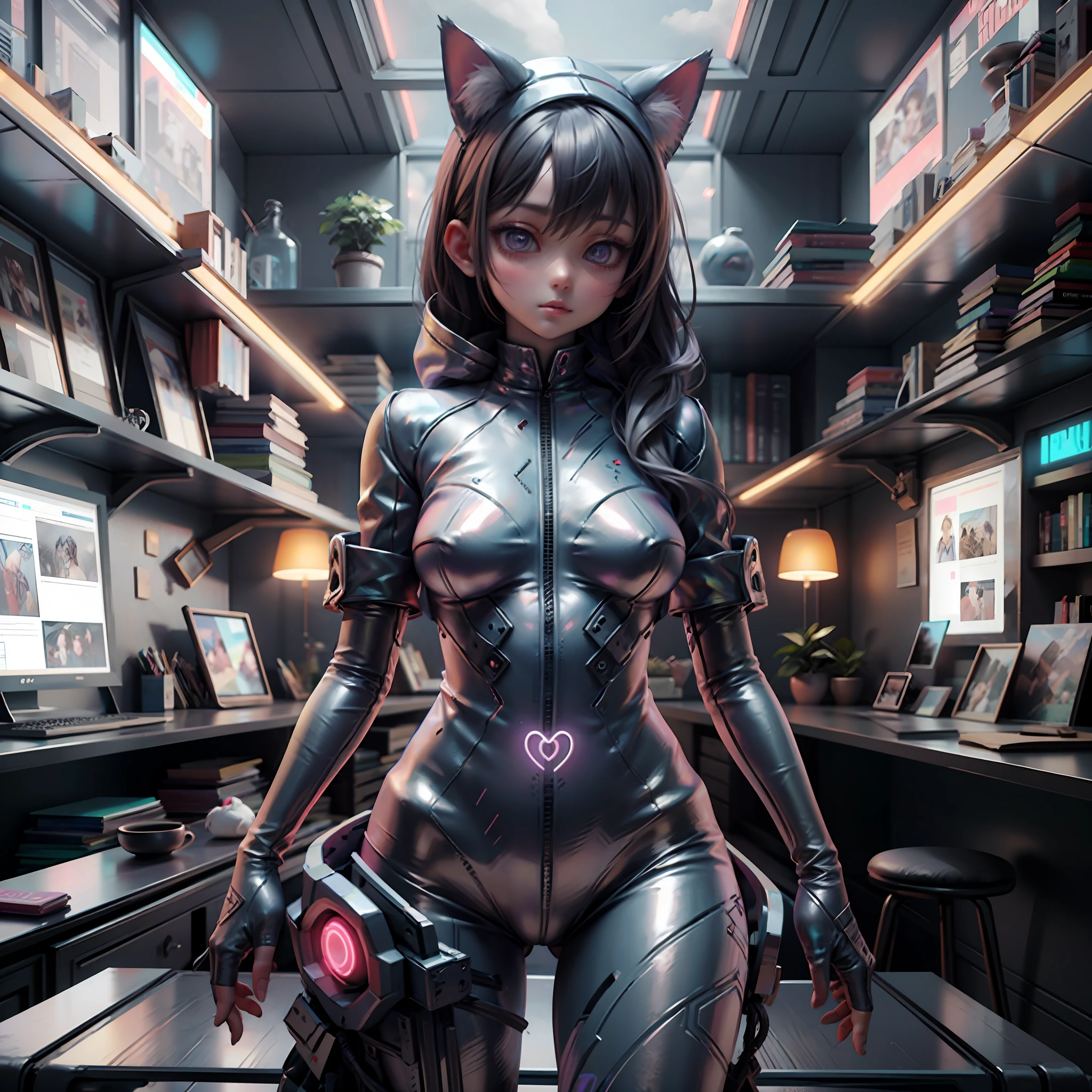 reelmech, (masterpiece:1.2, best quality),(((holographic metallic purple suit))) with buttons and cables, neon, realistic anime, (intricate details, depth of field, intense focus), (1girl, solo), heavy make up, parted lips, highly-detailed, perfect face, (big breasts:1.4), wide hips, small waist, tall, glossy coral lips, girl with black hair and a cat hat, anime style illustration, moe artstyle, wallpaper 8 k, digital illustration, beautiful catgirl, she wears a hoodie with animal ears and technowear technology, futuristic fashion in black and holographic colors, many details and buttons on it, cables coming out of the sleeves, the background is that of a simple pattern with cat motifs and paws, purple and black, black cat eyes, holographic, holo details, holographic shiny suit, gamma