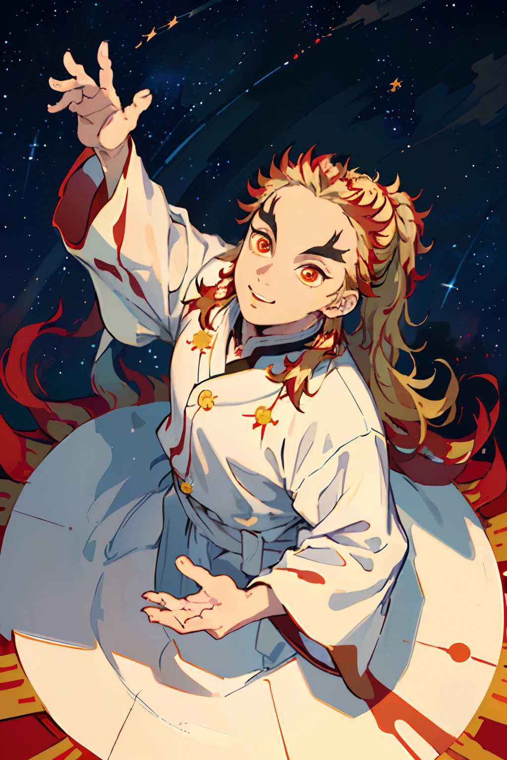 (Masterpiece, Best Quality:1.2), Cowboy shot, 独奏, male focus, 1 adult boy, Rengoku Kyojuro, ssmile, looking a viewer,  Long hair, high ponytail, Split eyebrows, white kimono with red print, full length, (((looking up at the sky))), (((Starry sky))), flower field, With your arms outstretched to the sides