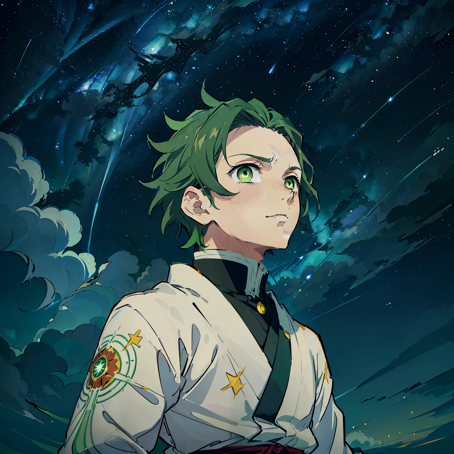 the anime, (Best Quality), ((1guy)), ((disheveled short dark blond hair)), ((vivid green eyes)), japanese clothes, white kimono, a waist belt, looks at the viewer, The Art of the Demon Slayer, demon slayer artstyle, kimetsu no yaiba, (((looking up at the sky))), (((Starry sky))), flower field