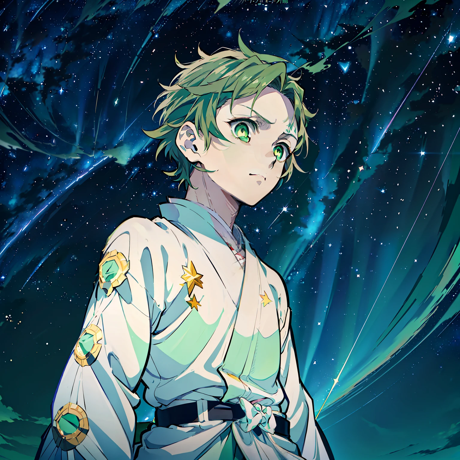 the anime, (Best Quality), ((1guy)), ((disheveled short dark blond hair)), ((vivid green eyes)), japanese clothes, white kimono, a waist belt, looks at the viewer, The Art of the Demon Slayer, demon slayer artstyle, kimetsu no yaiba, (((looking up at the sky))), (((Starry sky)))