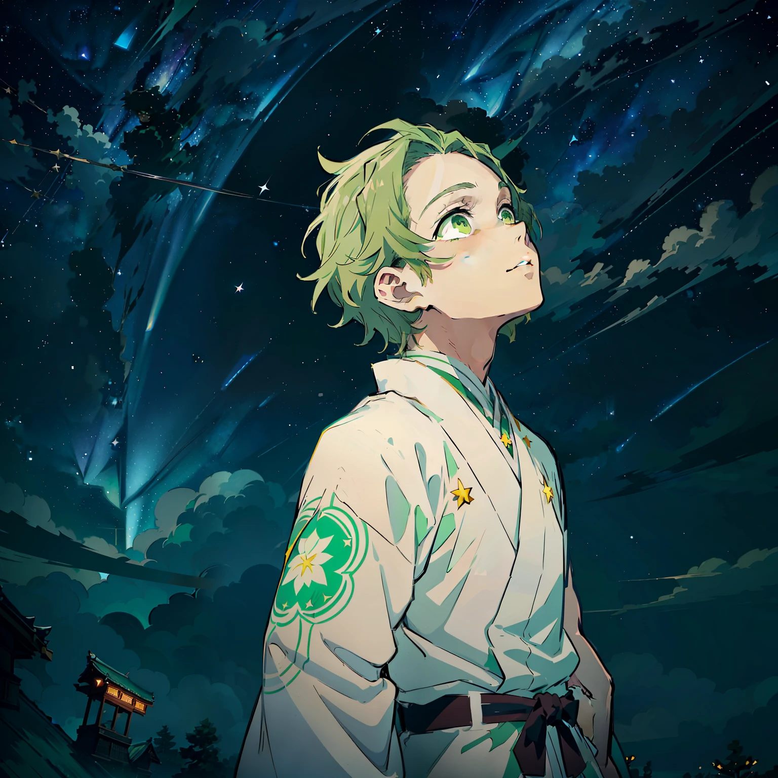 the anime, (Best Quality), ((1guy)), ((messy short dark blond hair)), ((vivid green eyes)), japanese clothes, white kimono, a waist belt, looks at the viewer, The Art of the Demon Slayer, demon slayer artstyle, kimetsu no yaiba, (((looking up at the sky))), (((Starry sky))), flower field