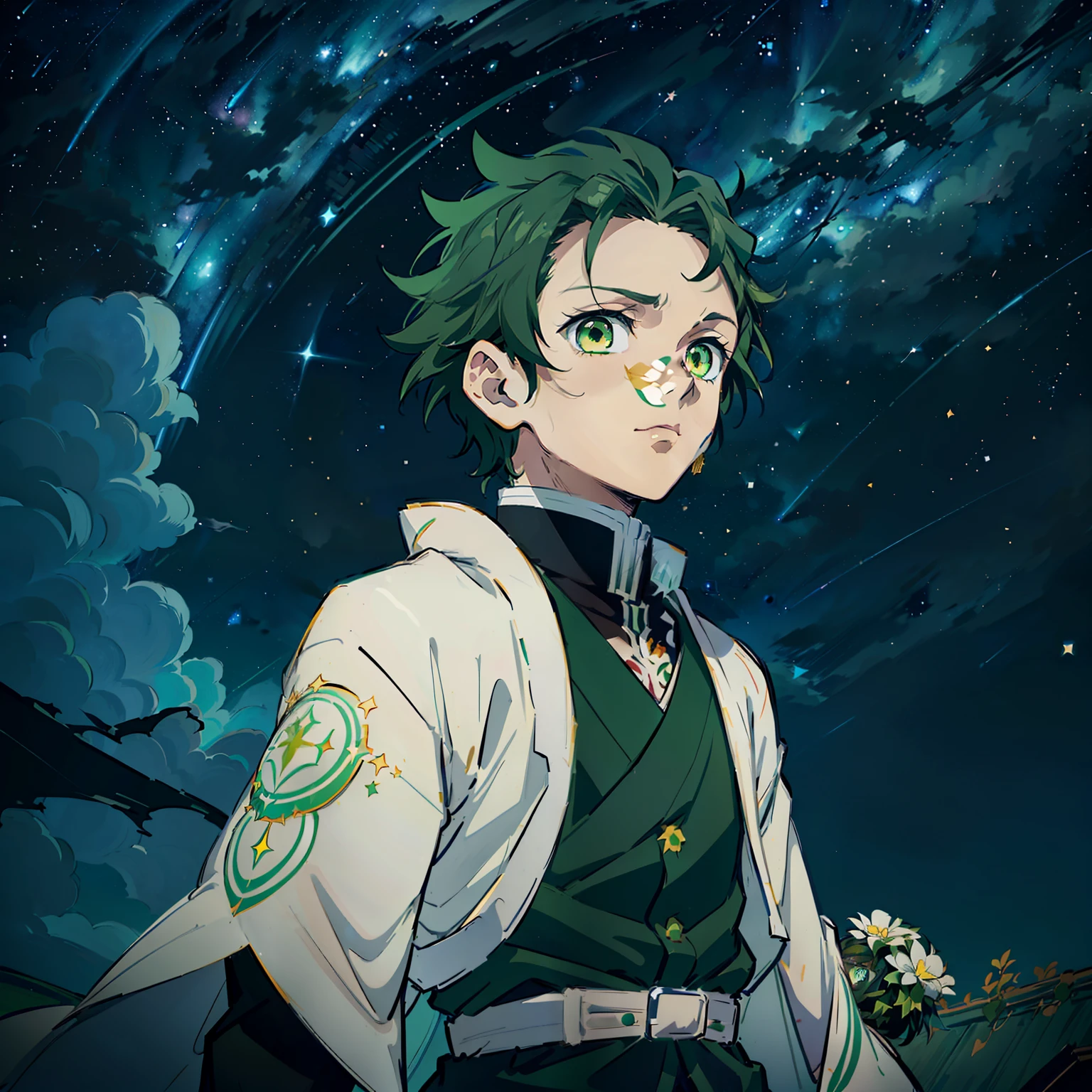 the anime, (Best Quality), ((1guy)), ((messy short dark blond hair)), ((vivid green eyes)), japanese clothes, white kimono, a waist belt, looks at the viewer, The Art of the Demon Slayer, demon slayer artstyle, kimetsu no yaiba, (((looking up at the sky))), (((Starry sky))), flower field