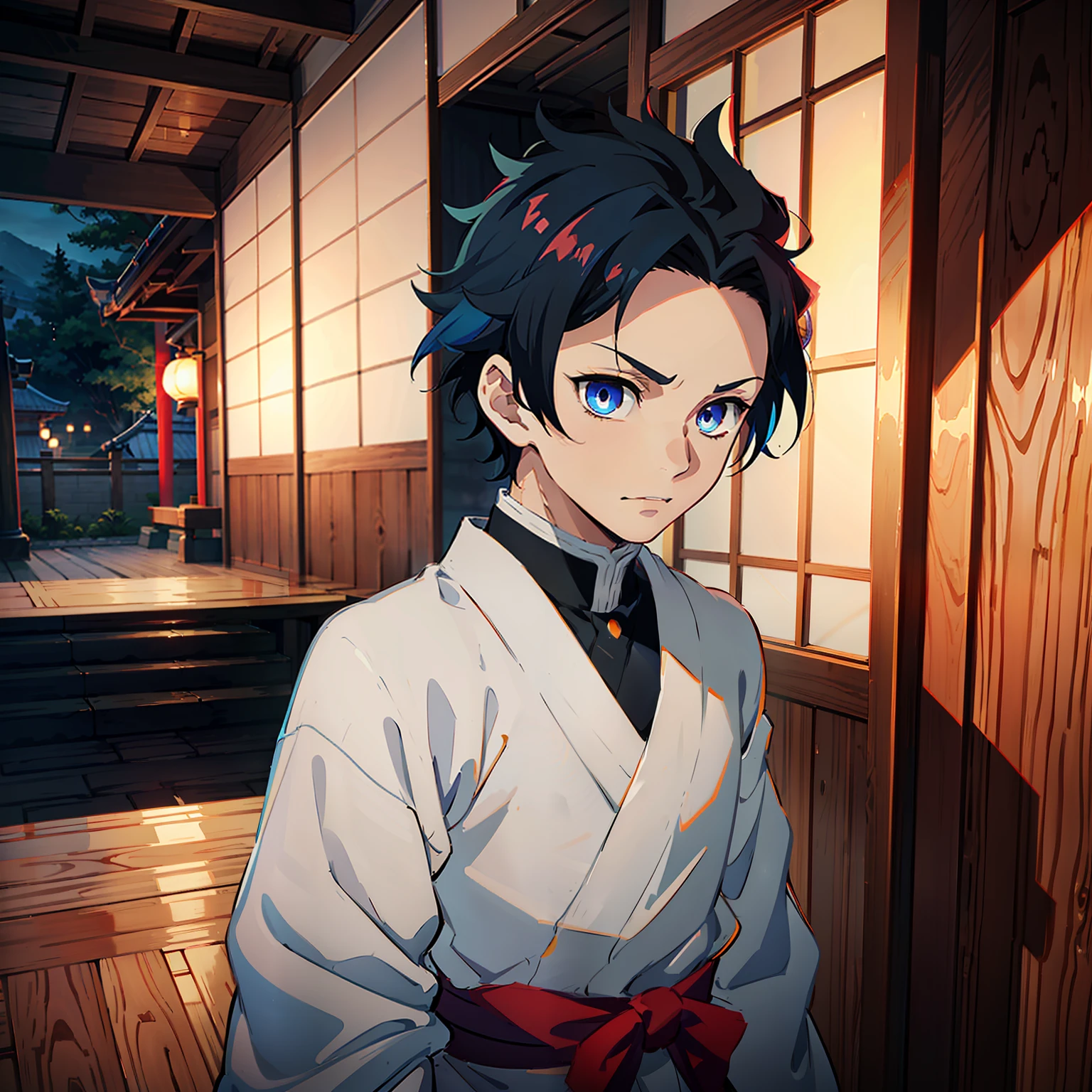 the anime, (Best Quality), ((1 adult boy)), ((muscled body)), Akaza (Hakuji) AB: kimetsu no yaiba, stands near the altar in a Japanese temple, (Night landscape in a Japanese temple), ((Ultra-short black hair)), ((Impassive blue eyes)), (((Hair back))), (((open forehead))), japanese clothes, white kimono, a waist belt, looks at the viewer, The Art of the Demon Slayer, demon slayer artstyle, kimetsu no yaiba