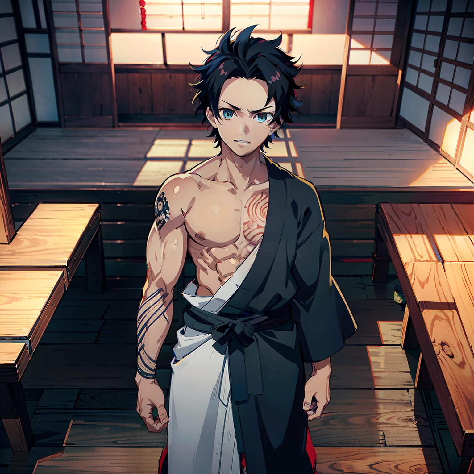 the anime, (Best Quality), ((1 adult boy)), ((muscled body)), Akaza (Hakuji) AB: kimetsu no yaiba, stands near the altar in a Japanese temple, (Night landscape in a Japanese temple), ((Ultra-short black hair)), ((Impassive blue eyes)), (((Hair back))), (((open forehead))), japanese clothes, white kimono, a waist belt, looks at the viewer, The Art of the Demon Slayer, demon slayer artstyle, kimetsu no yaiba