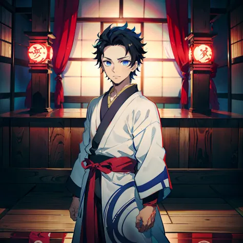 the anime, (Best Quality), ((1 adult boy)), Akaza (Hakuji) AB: kimetsu no yaiba, stands near the altar in a Japanese temple, (Ni...