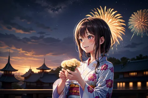 lots of fireworks in the sky、​masterpiece、top-quality、超a high resolution、8k、skyrocket、femele、only one person、profile、a smile、bea...