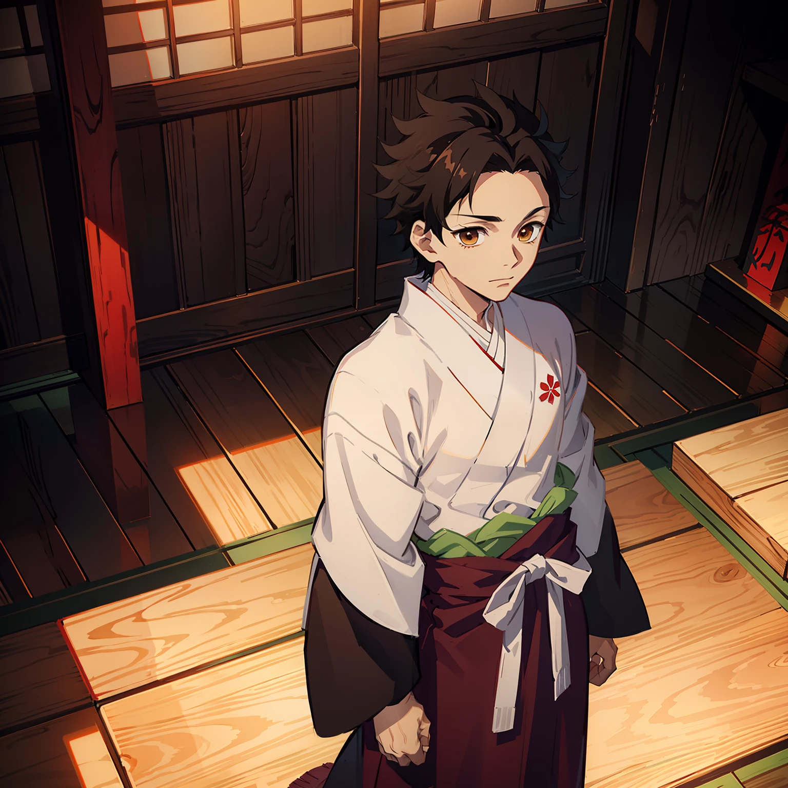 the anime, (Best Quality), ((1guy)), Akaza (Hakuji) AB: kimetsu no yaiba, stands near the altar in a Japanese temple, (Night landscape in a Japanese temple), ((Ultra-short black hair)), ((Impassive brown eyes)), japanese clothes, white kimono, a waist belt, looks at the viewer, The Art of the Demon Slayer, demon slayer artstyle, kimetsu no yaiba