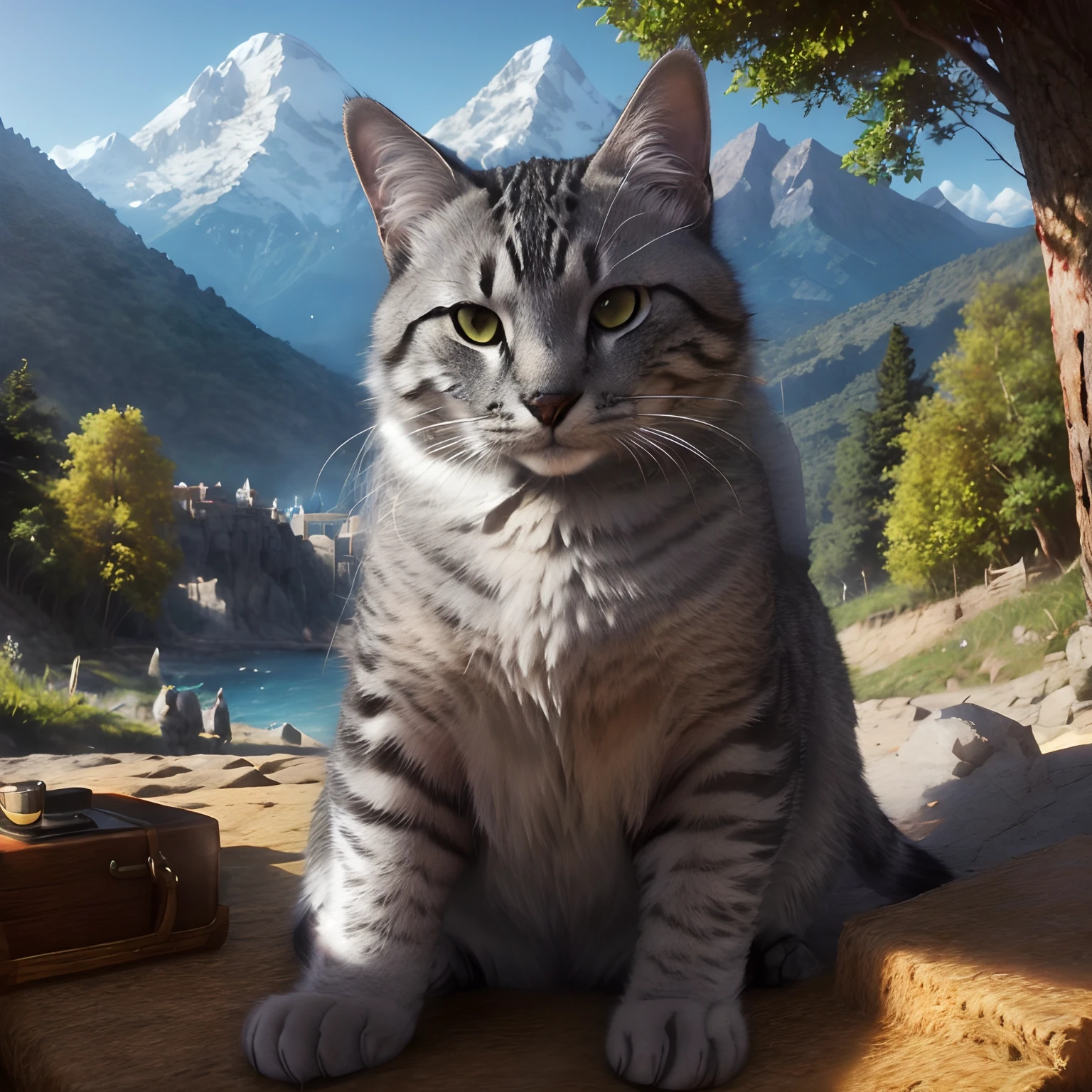 Hay un gato sentado en una mesa con una maleta, Ashfur de Warrior Cats, Arte digital 4K altamente detallado, Cattie - Brie de Mithril Hall, fantasy matte painting，Lindo, Aventura render hiperrealista, Un gato anthro, Adorable pintura digital, Fan Art de Warrior Cats, Pintura digital altamente detallada, Arte digital detallado 4K, Gato Antro