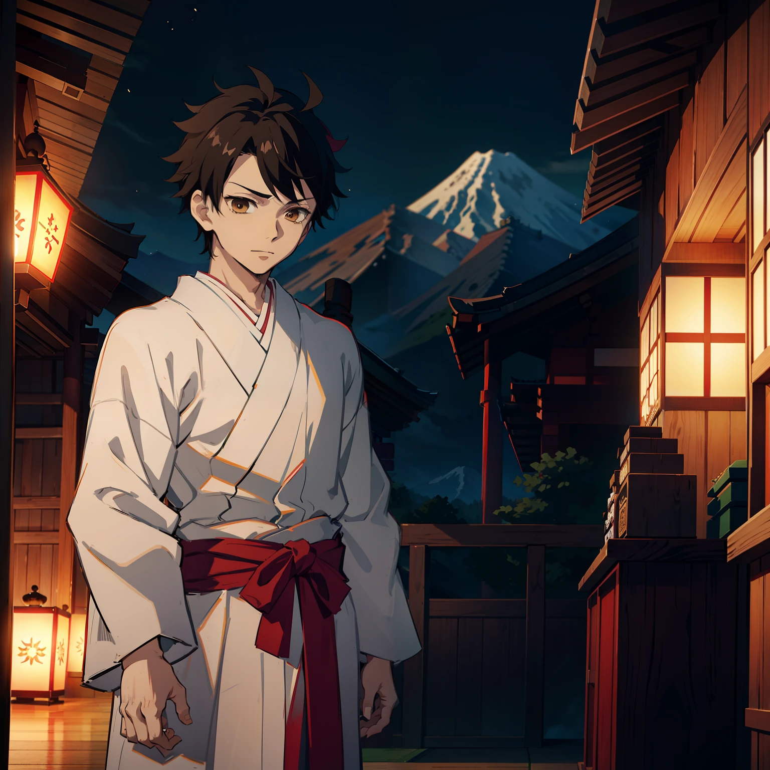 the anime, (Best Quality), ((1guy)), Akaza (Hakuji) AB: Kimetsu no yaiba, stands near the altar in a Japanese temple, (Night landscape in a Japanese temple), ((Ultra-short black hair)), ((Impassive brown eyes)), japanese clothes, white kimono, a waist belt, looks at the viewer, The Art of the Demon Slayer, demon slayer artstyle, kimetsu no yaiba