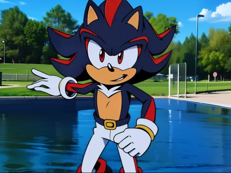 shadow the hedgehog wearing green and white pants, whit gloves, on a aquatic park, smiling, happy, anime style, master piece, 8k