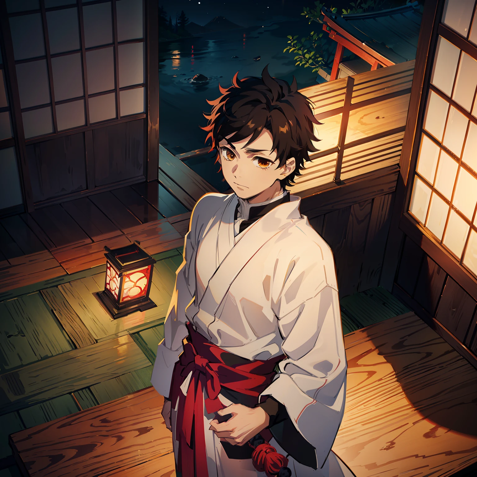 the anime, (Best Quality), ((1 adult boy)), Akaza (Hakuji) AB: kimetsu no yaiba, stands near the altar in a Japanese temple, (Night landscape in a Japanese temple), ((Ultra-short black hair)), ((Impassive brown eyes)), japanese clothes, white kimono, a waist belt, looks at the viewer, The Art of the Demon Slayer, demon slayer artstyle, kimetsu no yaiba