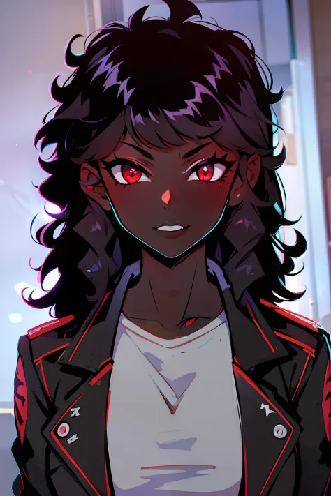 female, black skin,curly black hair, red eyes, vampire, jacket, black skin tone