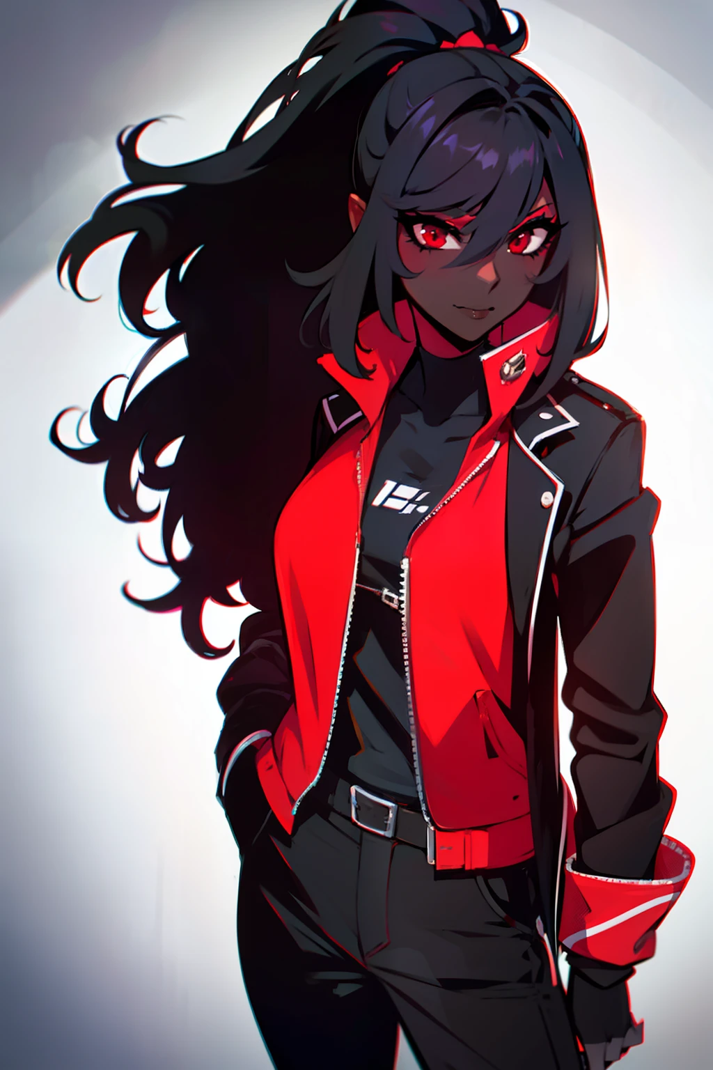 female, black skin,black hair, red eyes, vampire, jacket, black skin tone