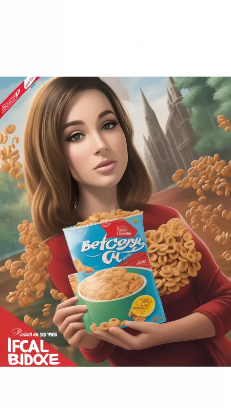 cereal box appears in the foreground and in the image the face of a beautiful woman with a hyper-realistic style