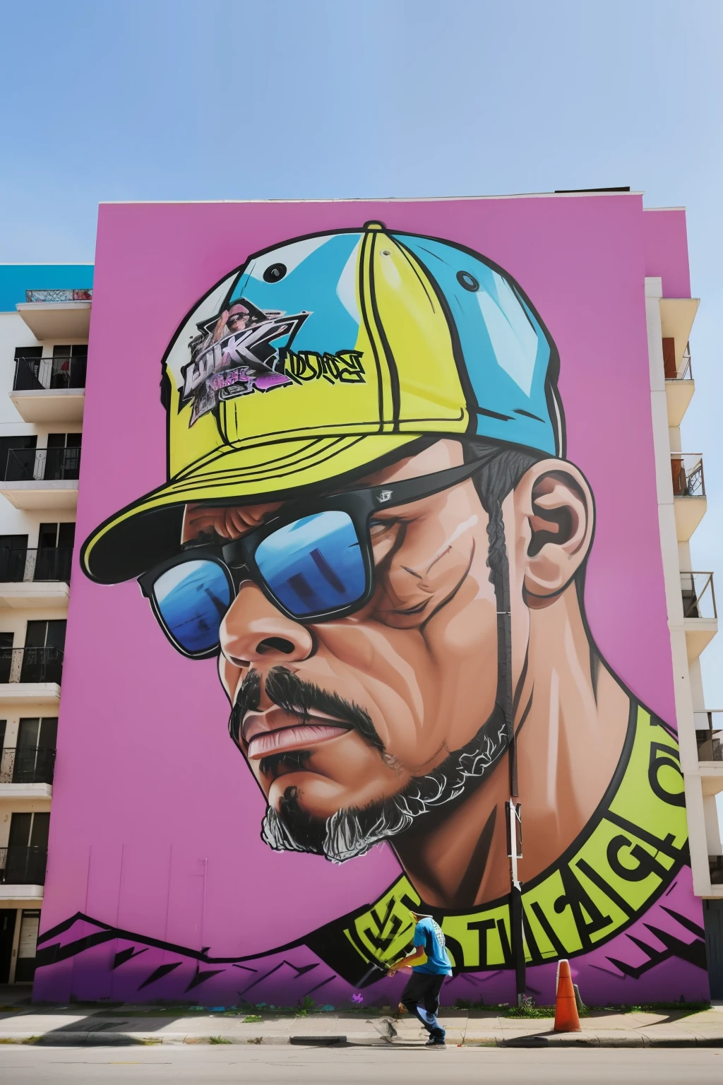 guttonerdvision10, Graffiti on the side of a tall building of a man wearing 80's style clothes and cap. เขาวาดภาพด้วยท่าเต้นสตรีทแดนซ์. จังหวะ. โทนสีที่สดใส, รายละเอียด. นาย กราฟฟิตี้.. ล้างสมอง. มุมมองทางอากาศของที่เกิดเหตุ, สัจนิยม, 8ก