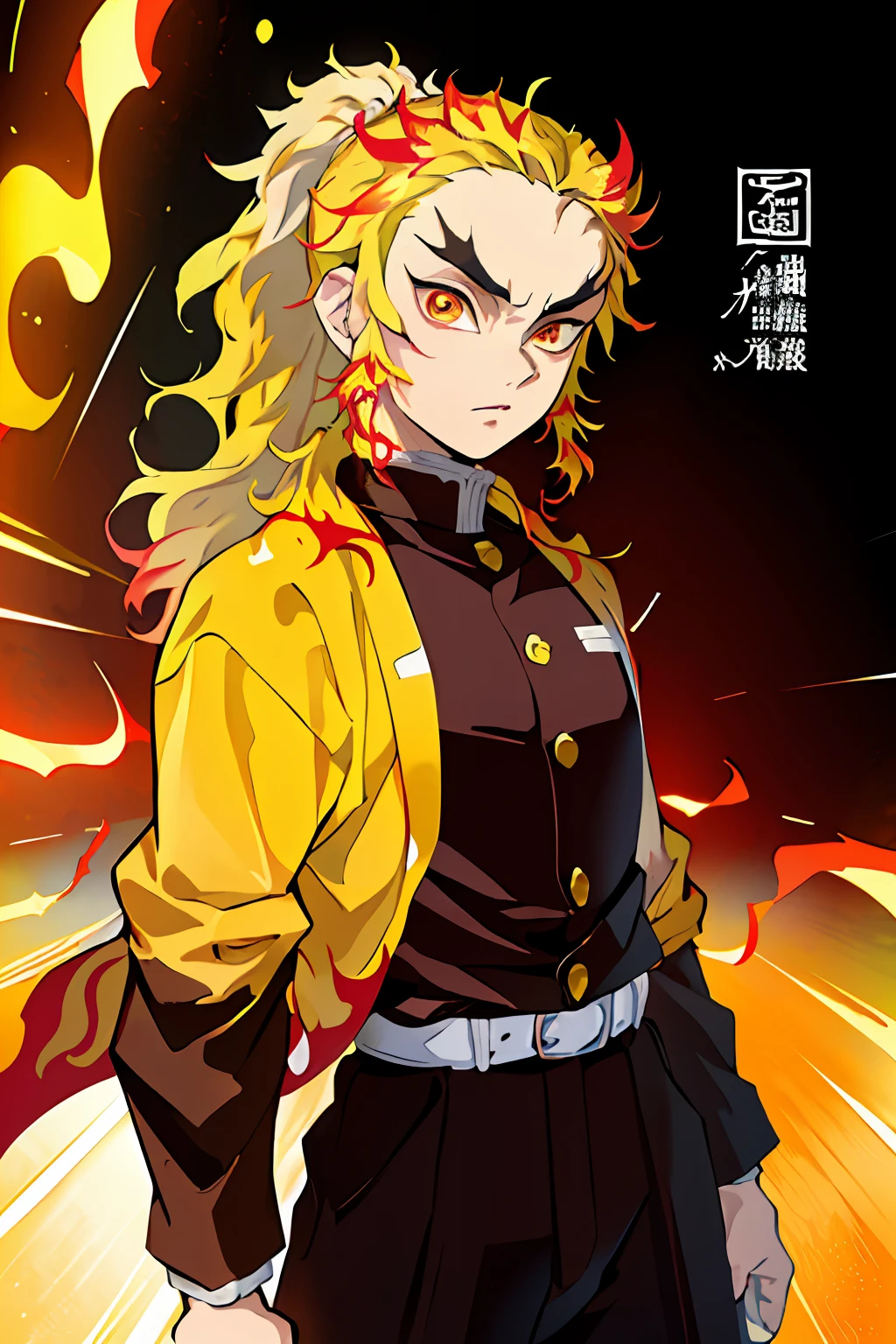 (Masterpiece, Best Quality:1.2), Cowboy shot, 独奏, male focus, Rengoku Kyojuro,  looking a viewer,  Long hair, high ponytail, Split eyebrows, ((((dramatic))), (((severe))), (((intensive))), Movie poster featuring a young guy as the central character. He stands confidently in the center of the poster, dressed in a stylish and edgy outfit, with a determined expression on his face. The background is dark and sandy, with a sense of danger and tension. The text is bold and eye-catching, with a catchy slogan, which adds to the overall feeling of drama and excitement. The color palette is mostly dark with splashes of bright colors, which gives the poster a dynamic and visually striking look, Tachi-e (magazine: 1.3), (Cover style: 1.3), fashionable, , The vibrant, Attire, Posing, on front, colourful, dynamic, background, items, Self-confident, expression, Hold, application, accessory, Orus, convolute, Runt, touch, stage, text, cover art, fat, Attention-grabbing, name, stylish, font, catchy, heading, plus, The vibrant, contemporary, fashionable, focus, moda,