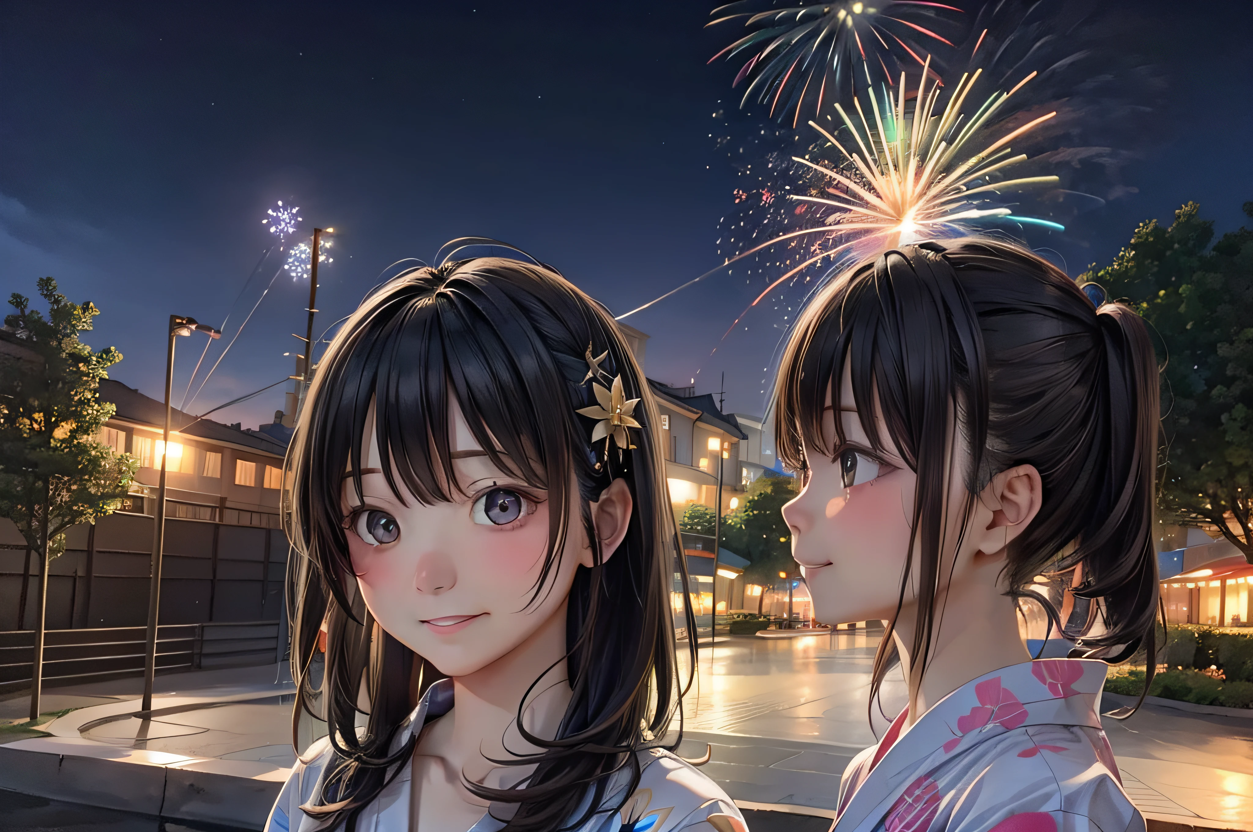 Lots of fireworks in the sky、​masterpiece、top-quality、超A high resolution、8K、sharp、skyrocket、femele、Only one person、profile、a smile、Beautie、outside of house、Person should be on the far right、only face、The person is small、Floral yukata、kirakira、natta、starrysky、真实感 、Ultra-Details、ighly detailed、(glowing lighting、Atmospheric lighting)、dream-like